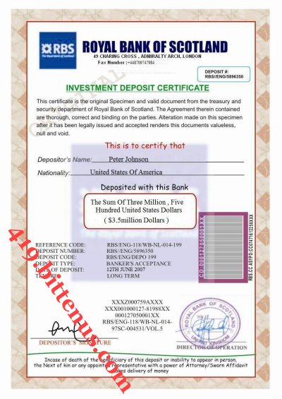 Deposit certificate Of Peter Johnson